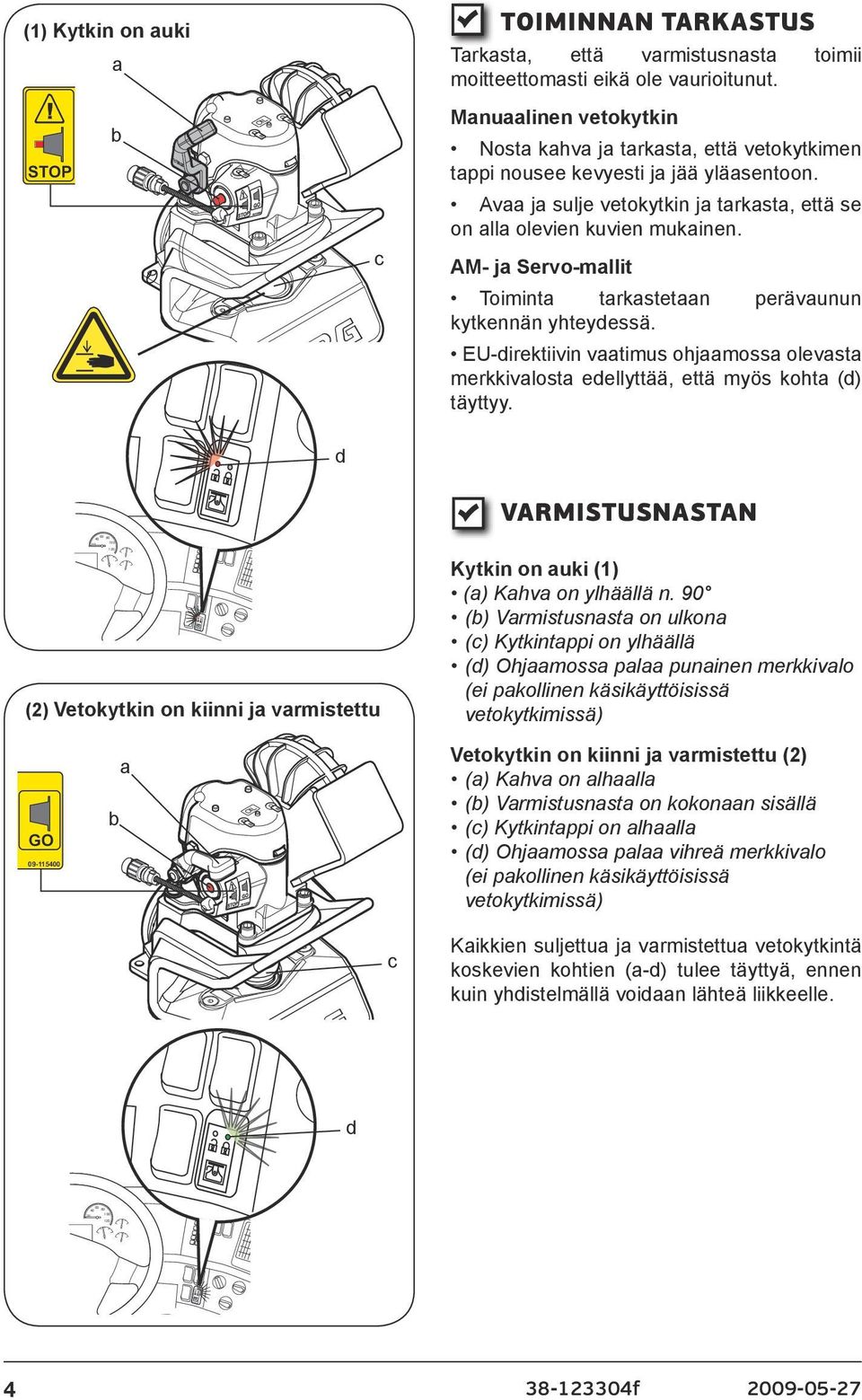 AM- ja Servo-mallit Toiminta tarkastetaan perävaunun kytkennän yhteydessä. EU-direktiivin vaatimus ohjaamossa olevasta merkkivalosta edellyttää, että myös kohta (d) täyttyy.