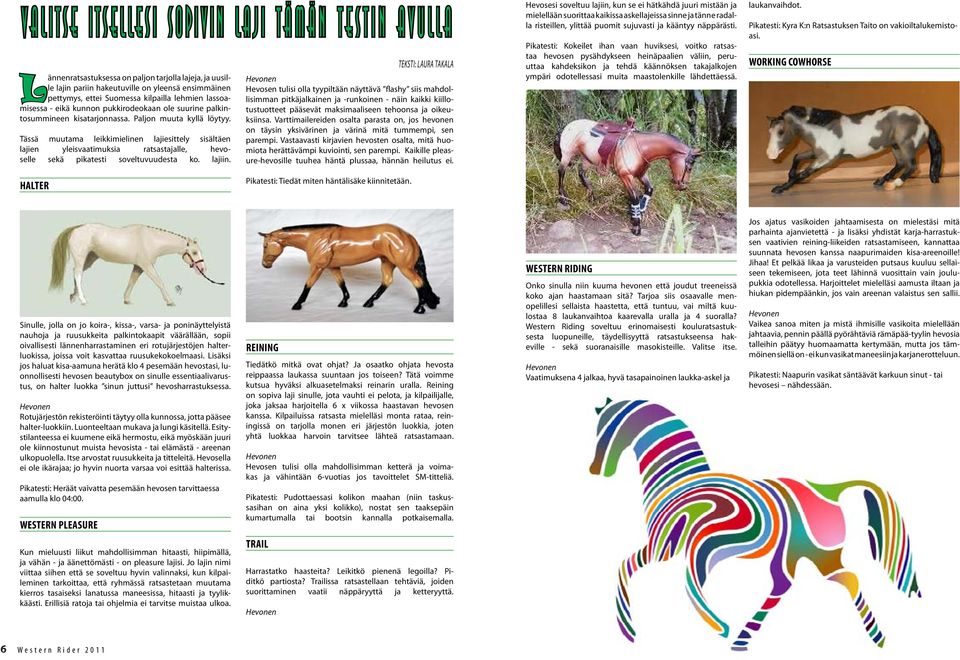 Tässä muutama leikkimielinen lajiesittely sisältäen lajien yleisvaatimuksia ratsastajalle, hevoselle sekä pikatesti soveltuvuudesta ko. lajiin.