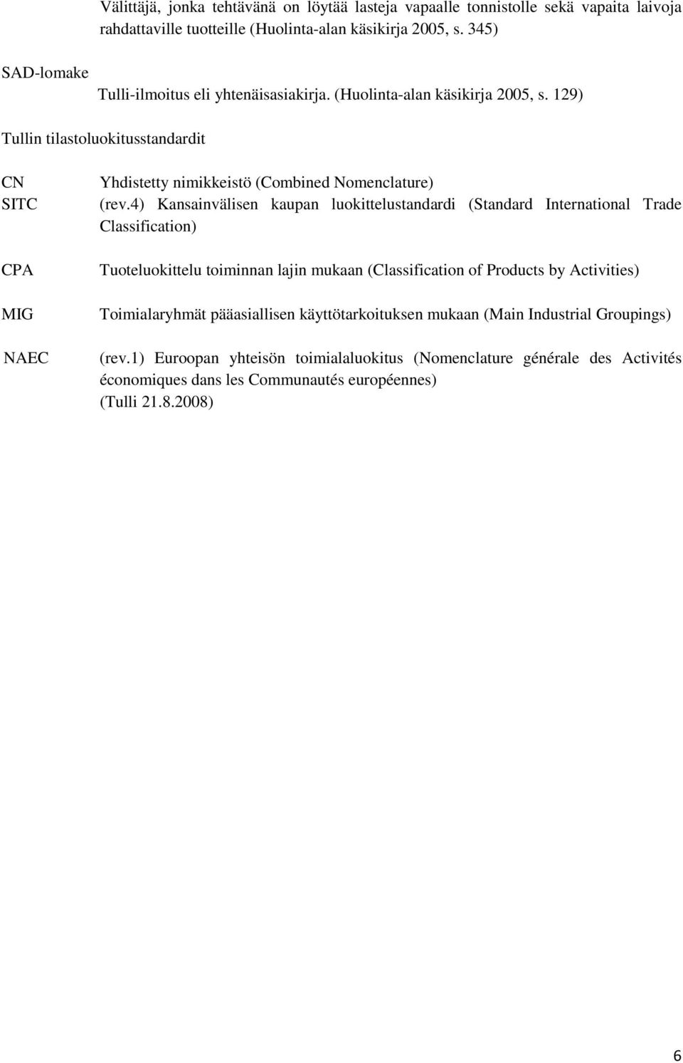 129) Tullin tilastoluokitusstandardit CN SITC CPA MIG NAEC Yhdistetty nimikkeistö (Combined Nomenclature) (rev.