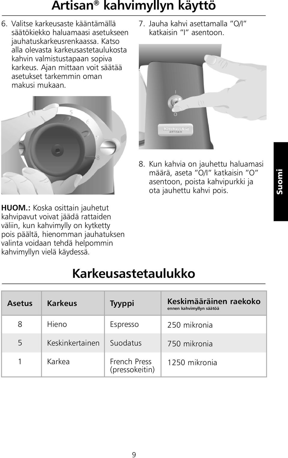 8. Kun kahvia on jauhettu haluamasi määrä, aseta O/I katkaisin O asentoon, poista kahvipurkki ja ota jauhettu kahvi pois. HUOM.