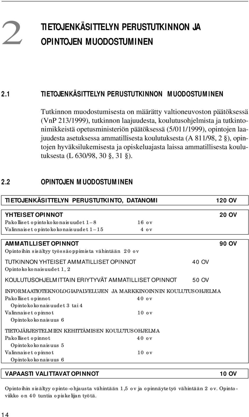 opetusministeriön päätöksessä (5/011/1999), opintojen laajuudesta asetuksessa ammatillisesta koulutuksesta (A 811/98, 2 ), opintojen hyväksilukemisesta ja opiskeluajasta laissa ammatillisesta