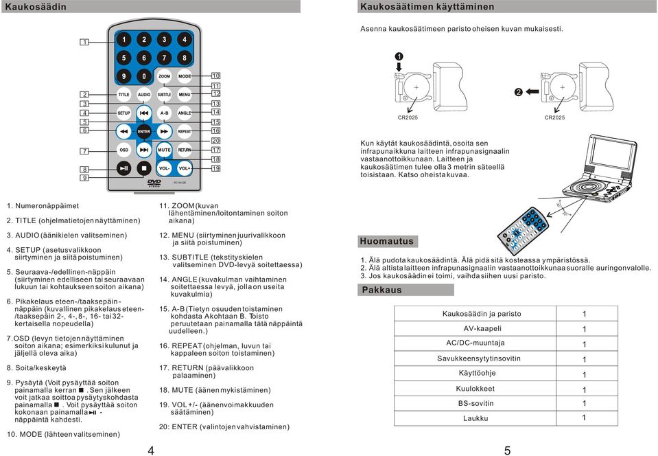 Laitteen ja kaukosäätimen tulee olla 3 metrin säteellä toisistaan. Katso oheista kuvaa. 2 CR2025. Numeronäppäimet 2. TITLE (ohjelmatietojen näyttäminen).