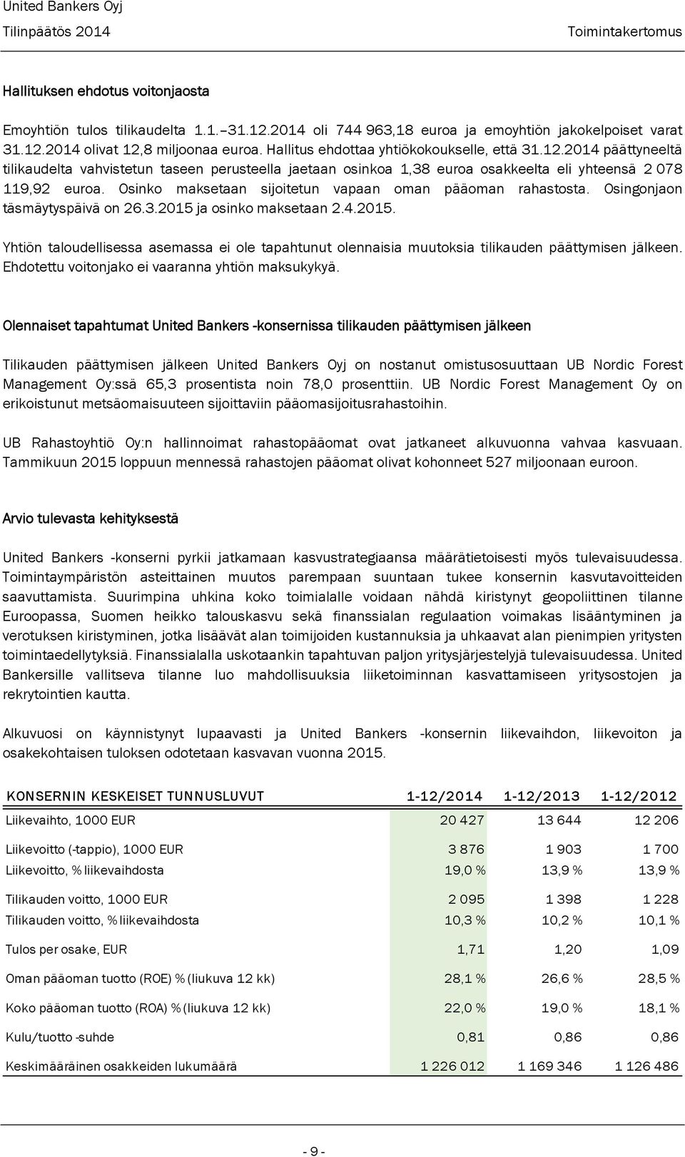 Osinko maksetaan sijoitetun vapaan oman pääoman rahastosta. Osingonjaon täsmäytyspäivä on 26.3.2015 