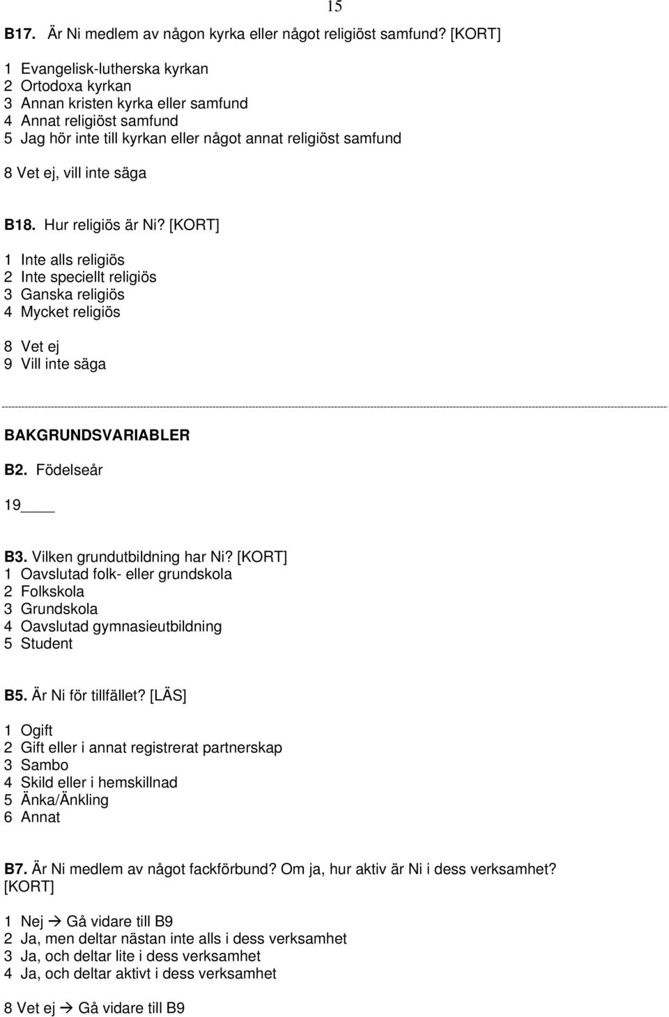 B18. Hur religiös är Ni? [KORT] 1 Inte alls religiös 2 Inte speciellt religiös 3 Ganska religiös 4 Mycket religiös 9 Vill inte säga BAKGRUNDSVARIABLER B2. Födelseår 19 B3.