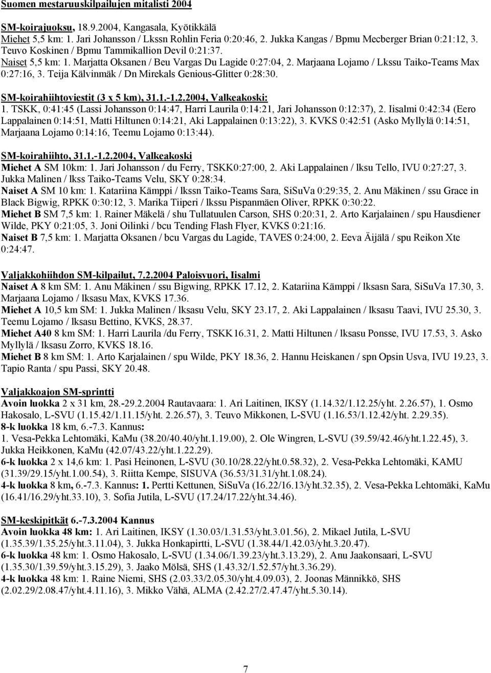 Marjaana Lojamo / Lkssu Taiko-Teams Max 0:27:16, 3. Teija Kälvinmäk / Dn Mirekals Genious-Glitter 0:28:30. SM-koirahiihtoviestit (3 x 5 km), 31.1.-1.2.2004, Valkeakoski: 1.