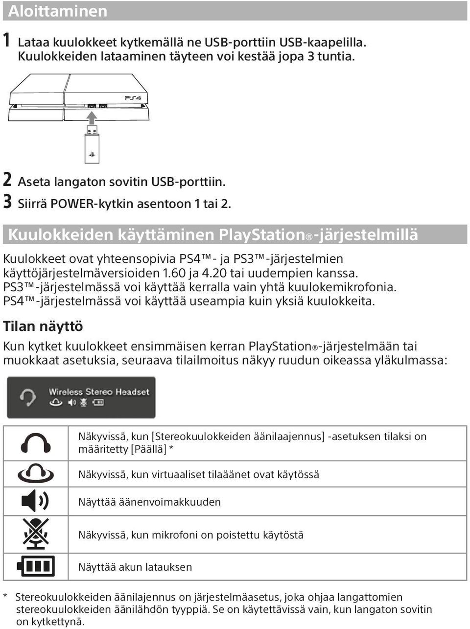 20 tai uudempien kanssa. PS3 -järjestelmässä voi käyttää kerralla vain yhtä kuulokemikrofonia. PS4 -järjestelmässä voi käyttää useampia kuin yksiä kuulokkeita.