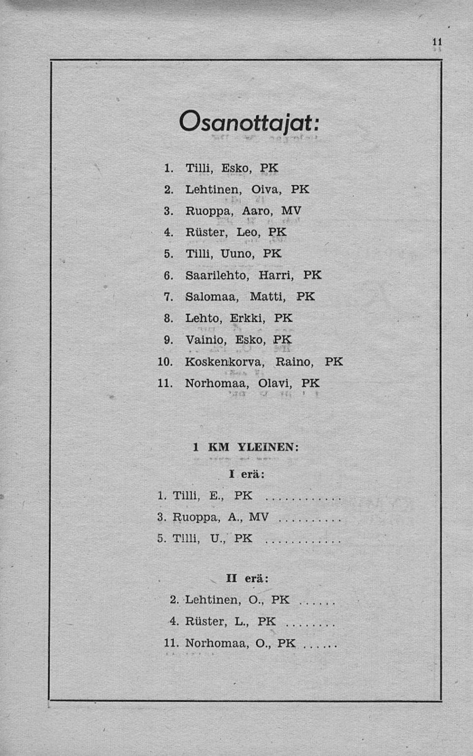 Vainio, Esko, PK 10. Koskenkorva, Raino, PK 11. Norhomaa, Olavi, PK 1 KM YLEINEN: I erä: * 1.