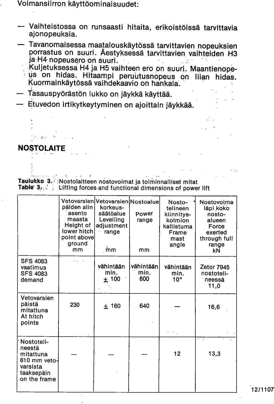 Kuormainkäytössä vaihdekaavio on hankala., Tasauspyörästön lukko on jäykkä käyttää. Ouvedon irtikytkeytyminen on ajoittain jäykkää. NWOLAITE Taulukko 3.