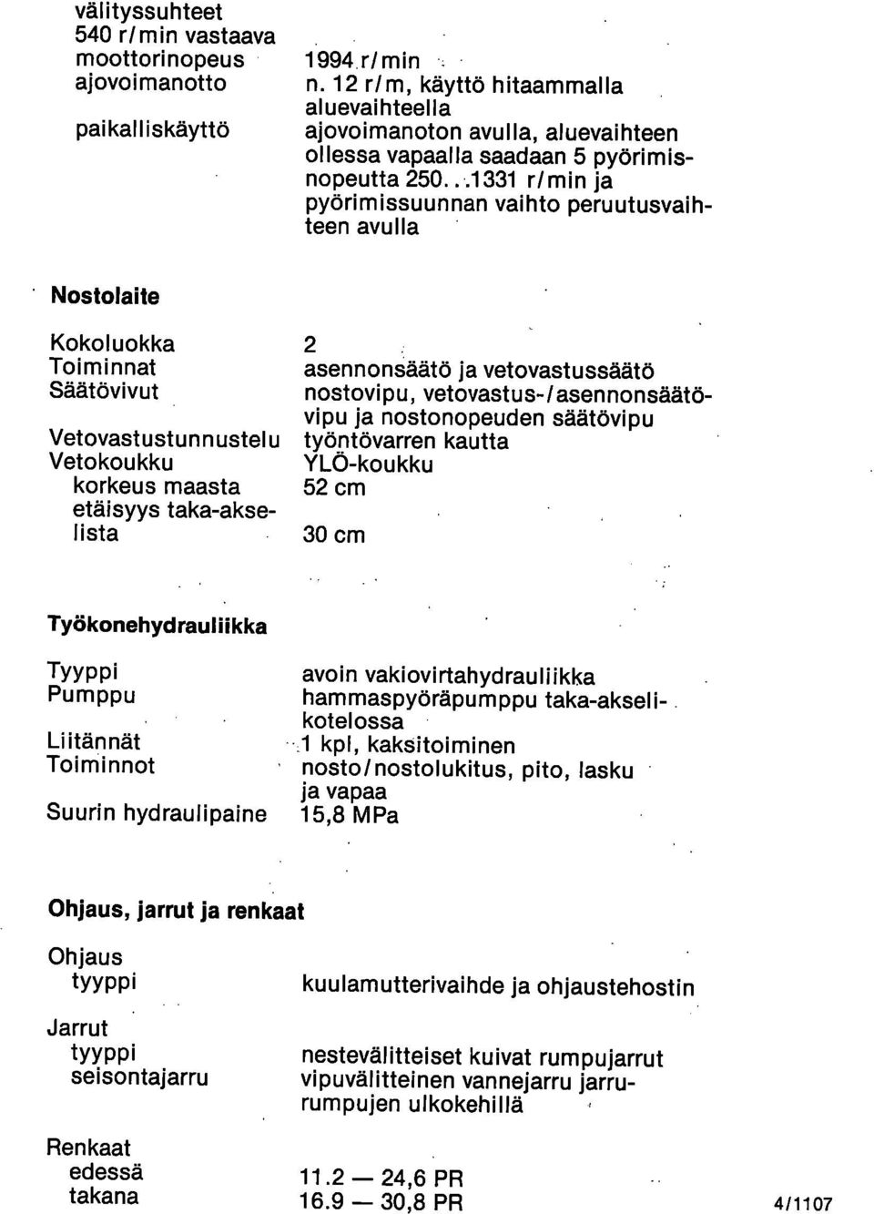 ..1331 r/min ja pyörimissuunnan vaihto peruutusvaihteen avulla Nostolaite Kokoluokka Toiminnat Säätövivut Vetovastustunnustelu Vetokoukku korkeus maasta etäisyys taka-akselista 2 asennonsäätö ja