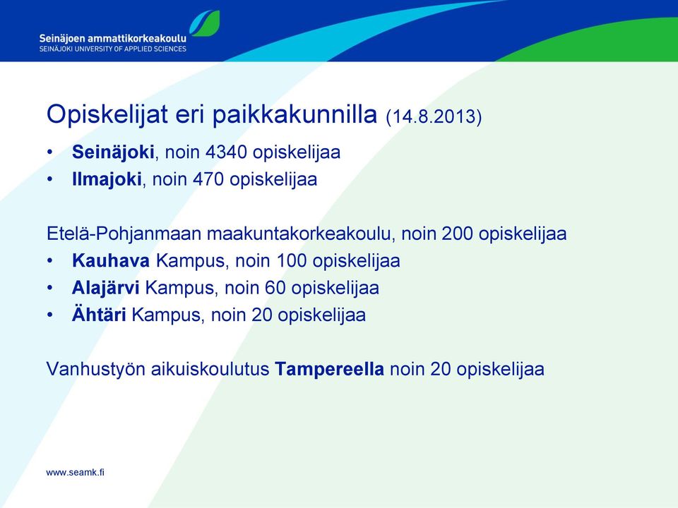 maakuntakorkeakoulu, noin 200 opiskelijaa Kauhava Kampus, noin 100 opiskelijaa
