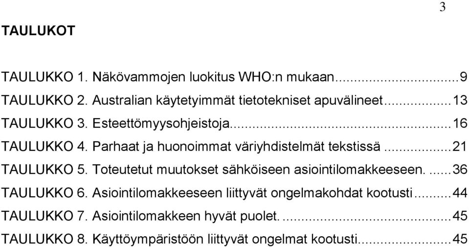 Parhaat ja huonoimmat väriyhdistelmät tekstissä... 21 TAULUKKO 5. Toteutetut muutokset sähköiseen asiointilomakkeeseen.