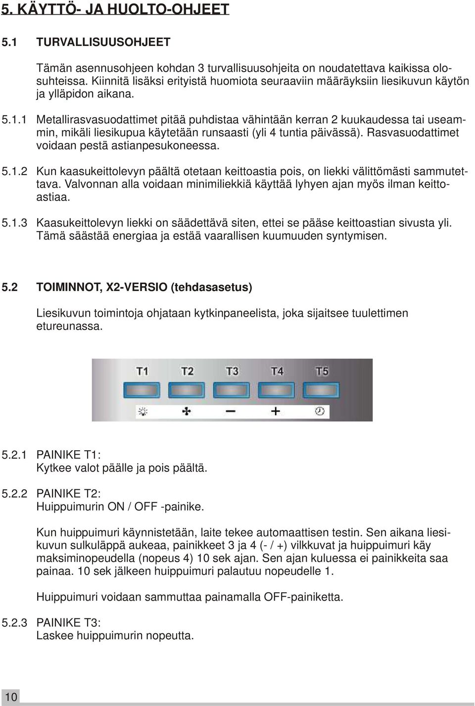 1 Metallirasvasuodattimet pitää puhdistaa vähintään kerran 2 kuukaudessa tai useammin, mikäli liesikupua käytetään runsaasti (yli 4 tuntia päivässä). Rasvasuodattimet voidaan pestä astianpesukoneessa.