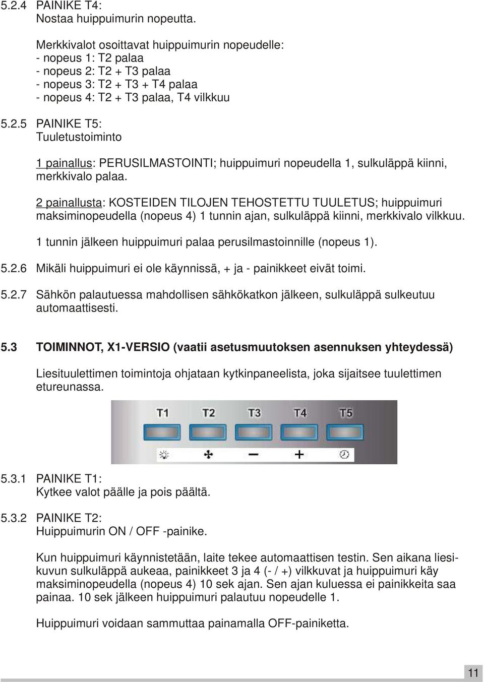 2 painallusta: KOSTEIDEN TILOJEN TEHOSTETTU TUULETUS; huippuimuri maksiminopeudella (nopeus 4) 1 tunnin ajan, sulkuläppä kiinni, merkkivalo vilkkuu.