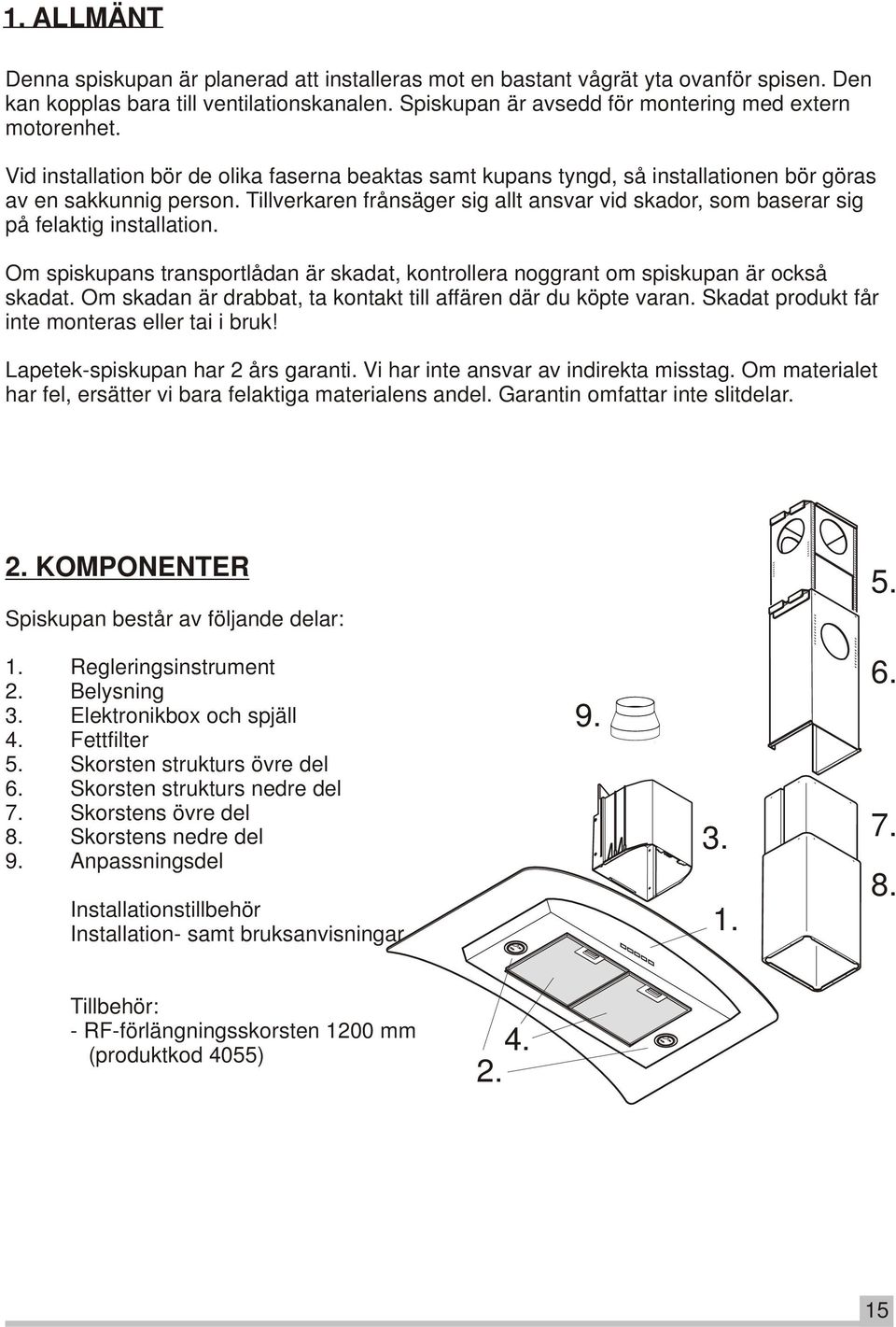 Tillverkaren frånsäger sig allt ansvar vid skador, som baserar sig på felaktig installation. Om spiskupans transportlådan är skadat, kontrollera noggrant om spiskupan är också skadat.