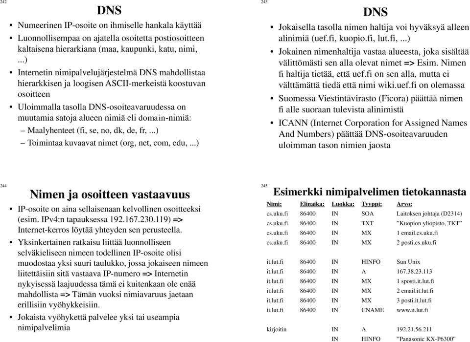 domain-nimiä: Maalyhenteet (fi, se, no, dk, de, fr,...) Toimintaa kuvaavat nimet (org, net, com, edu,...) 243 DNS Jokaisella tasolla nimen haltija voi hyväksyä alleen alinimiä (uef.fi, kuopio.fi, lut.