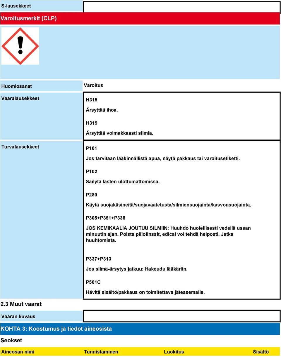 P280 Käytä suojakäsineitä/suojavaatetusta/silmiensuojainta/kasvonsuojainta. P305+P351+P338 JOS KEMIKAALIA JOUTUU SILMIIN: Huuhdo huolellisesti vedellä usean minuutin ajan.