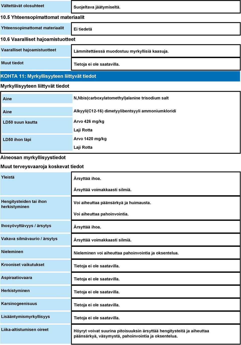 KOHTA 11: Myrkyllisyyteen liittyvät tiedot Myrkyllisyyteen liittyvät tiedot Aine N,Nbis(carboxylatomethyl)alanine trisodium salt Aine LD50 suun kautta Alkyyli(C12-16) dimetyylibentsyyli