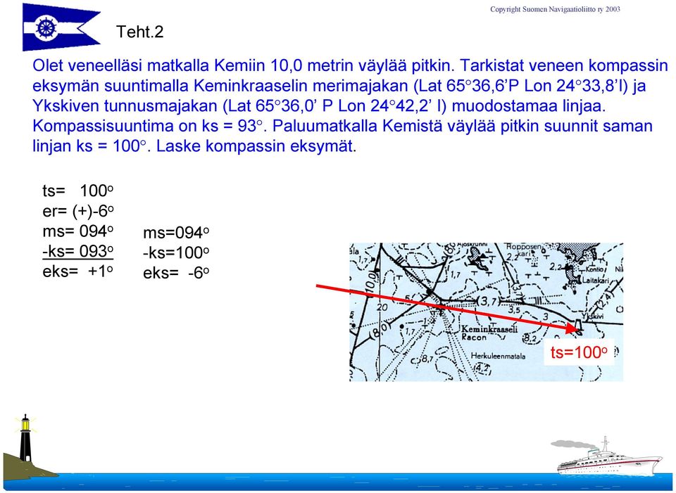 Ykskiven tunnusmajakan (Lat 65 36,0 P Lon 24 42,2 I) muodostamaa linjaa. Kompassisuuntima on ks = 93.