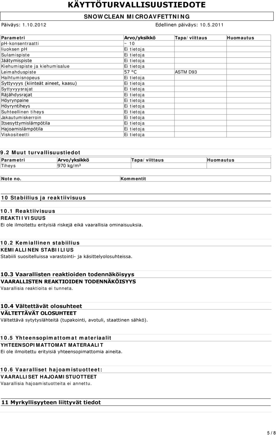 2 Muut turvallisuustiedot Parametri Arvo/yksikkö Tapa/viittaus Huomautus Tiheys 970 kg/m³ Note no. Kommentit 10 Stabiilius ja reaktiivisuus 10.