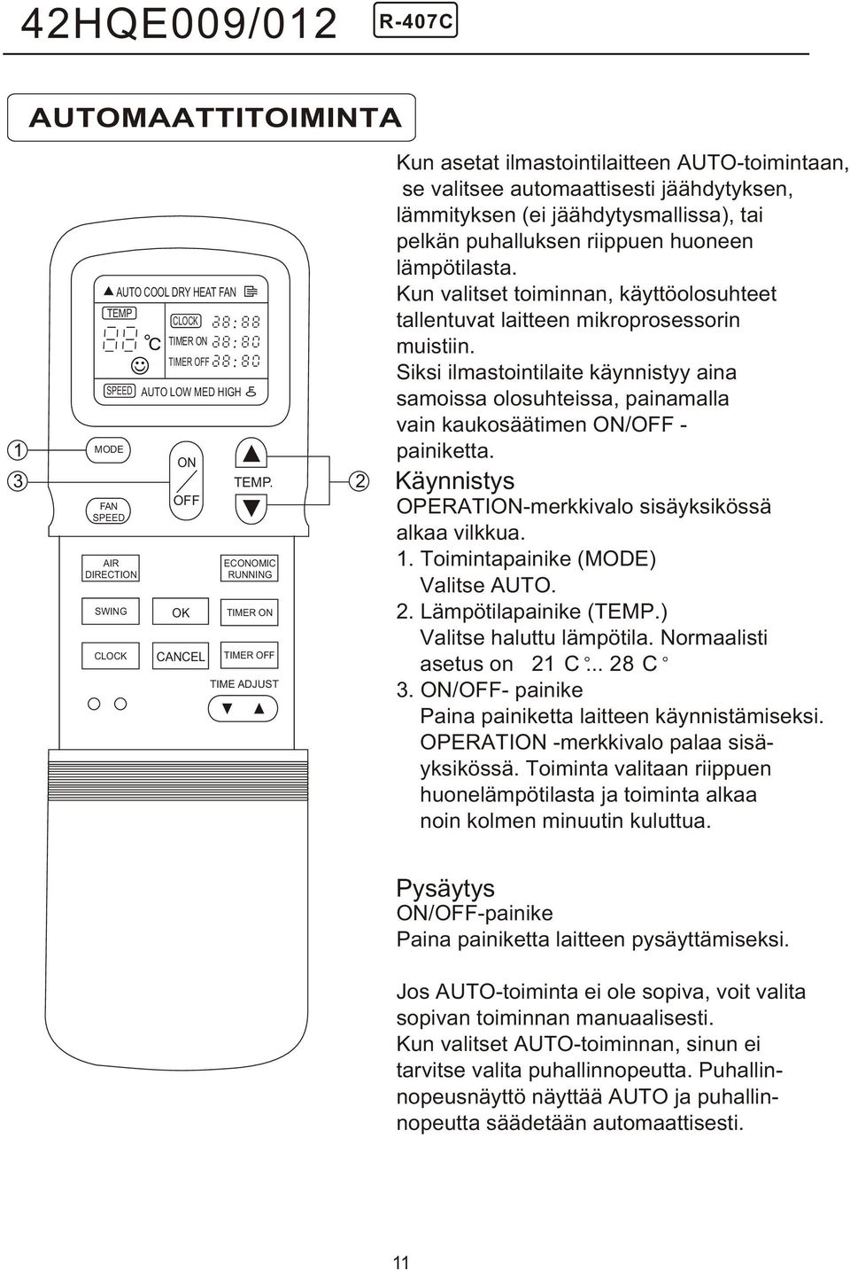tallentuvat laitteen mikroprosessorin muistiin Siksi ilmastointilaite käynnistyy aina samoissa olosuhteissa, painamalla vain kaukosäätimen ON/OFF - painiketta Käynnistys OPERATION-merkkivalo