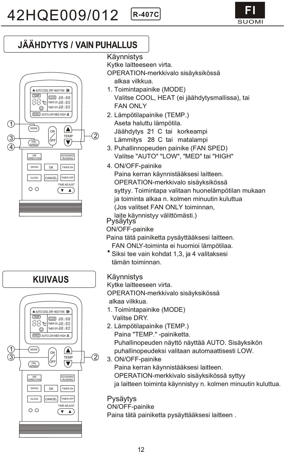 Jäähdytys 21 C tai korkeampi Lämmitys 28 C tai matalampi 3 Puhallinnopeuden painike (FAN SPED) Valitse "AUTO" "LOW", "MED" tai "HIGH" 4 ON/OFF-painike Paina kerran käynnistääksesi laitteen