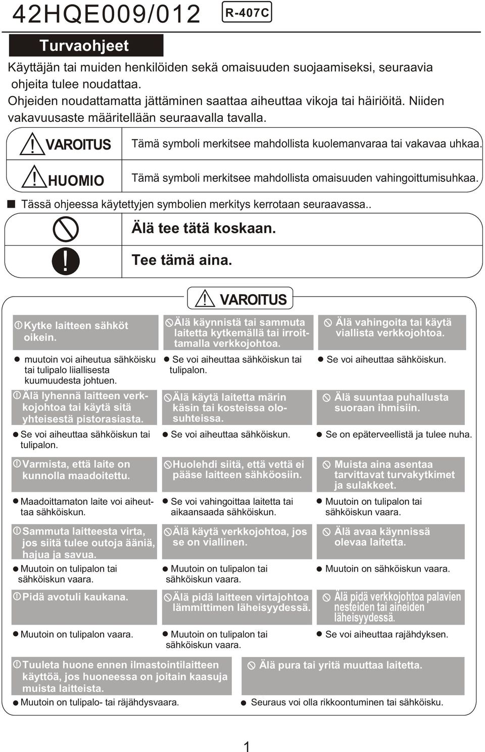 vahingoittumisuhkaa Tässä ohjeessa käytettyjen symbolien merkitys kerrotaan seuraavassa Älä tee tätä koskaan Tee tämä aina Kytke laitteen sähköt oikein muutoin voi aiheutua sähköisku tai tulipalo