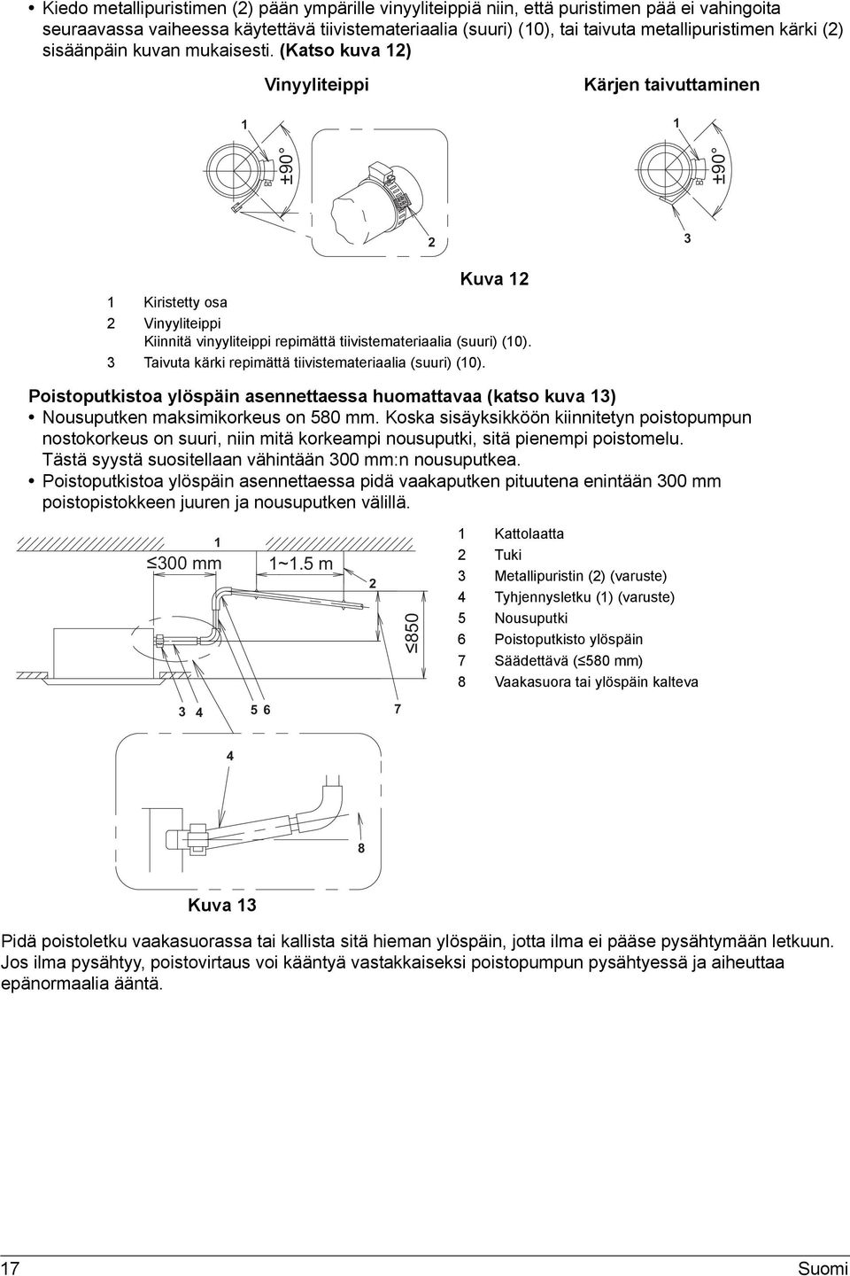 3 Taivuta kärki repimättä tiivistemateriaalia (suuri) (0). Poistoputkistoa ylöspäin asennettaessa huomattavaa (katso kuva 3) Nousuputken maksimikorkeus on 580 mm.