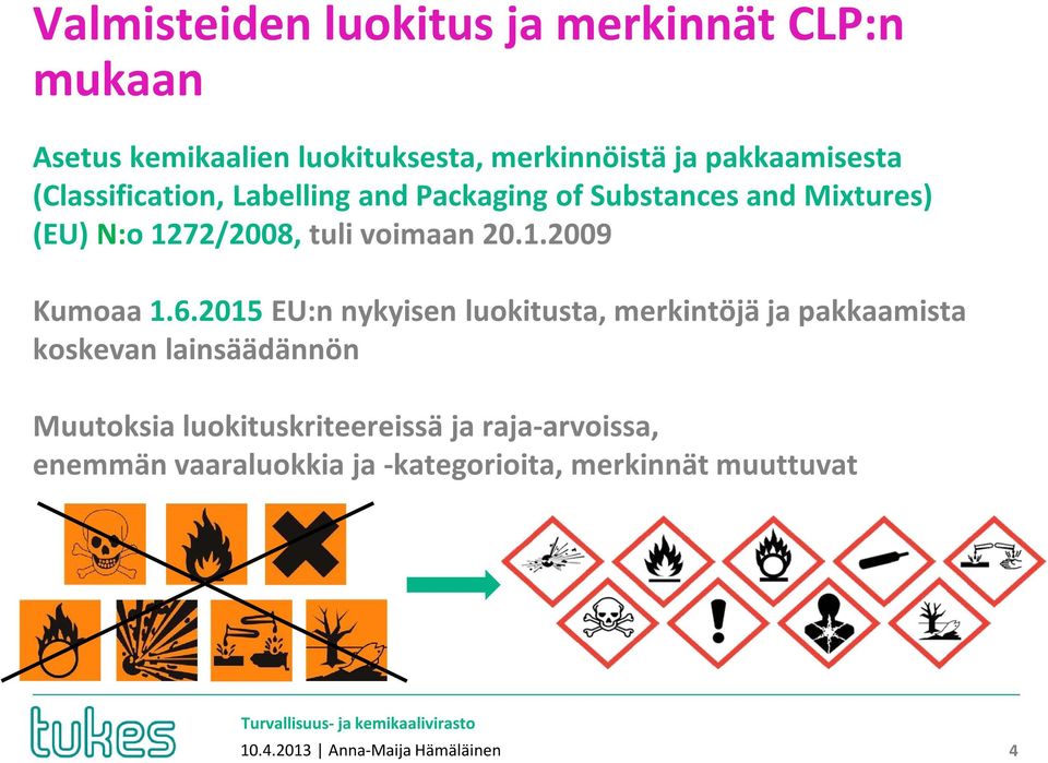 6.2015 EU:n nykyisen luokitusta, merkintöjä ja pakkaamista koskevan lainsäädännön Muutoksia luokituskriteereissä