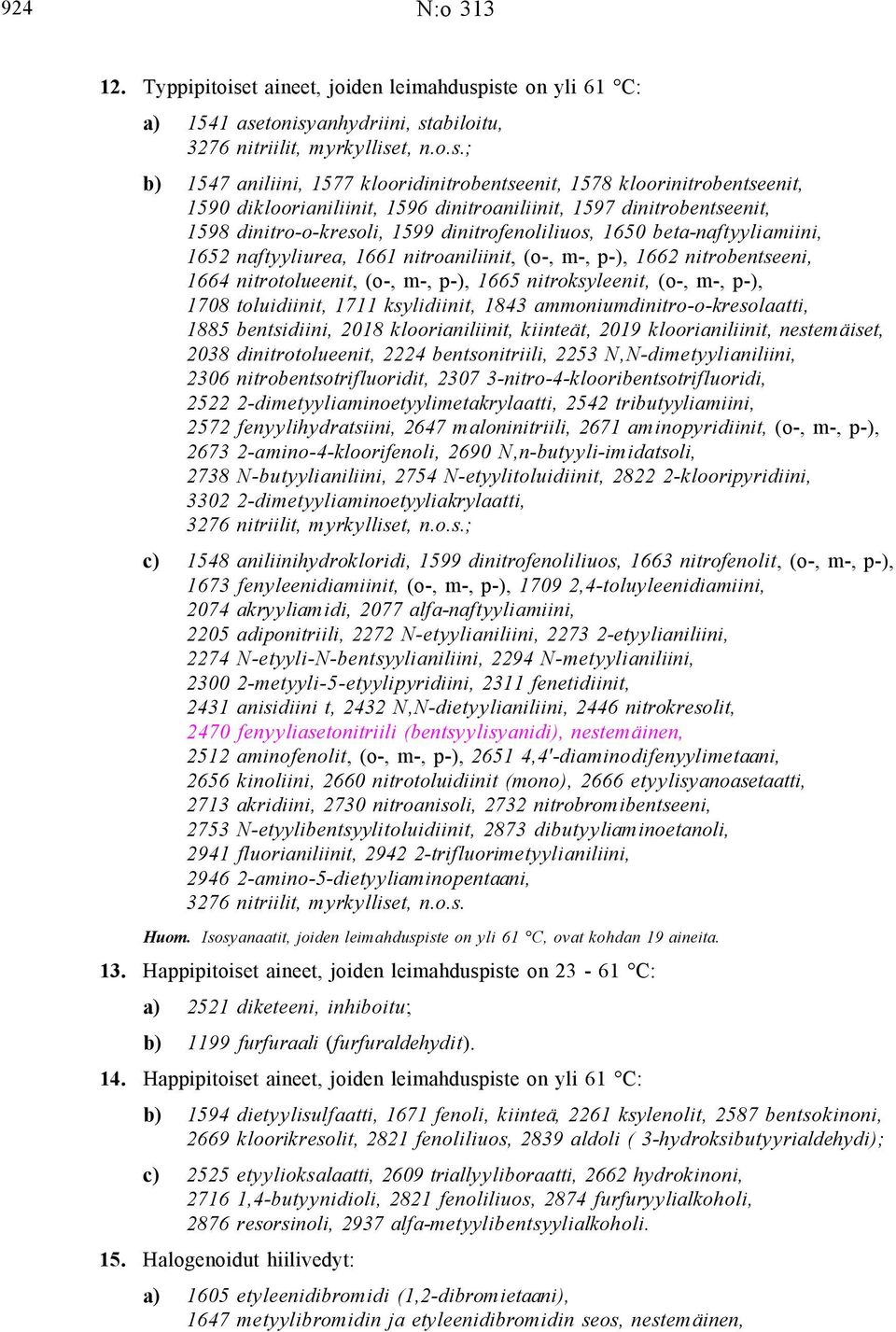 iste on yli 61 C: a) 1541 asetonisyanhydriini, stabiloitu, 3276 nitriilit, myrkylliset, n.o.s.; b) 1547 aniliini, 1577 klooridinitrobentseenit, 1578 kloorinitrobentseenit, 1590 dikloorianiliinit,