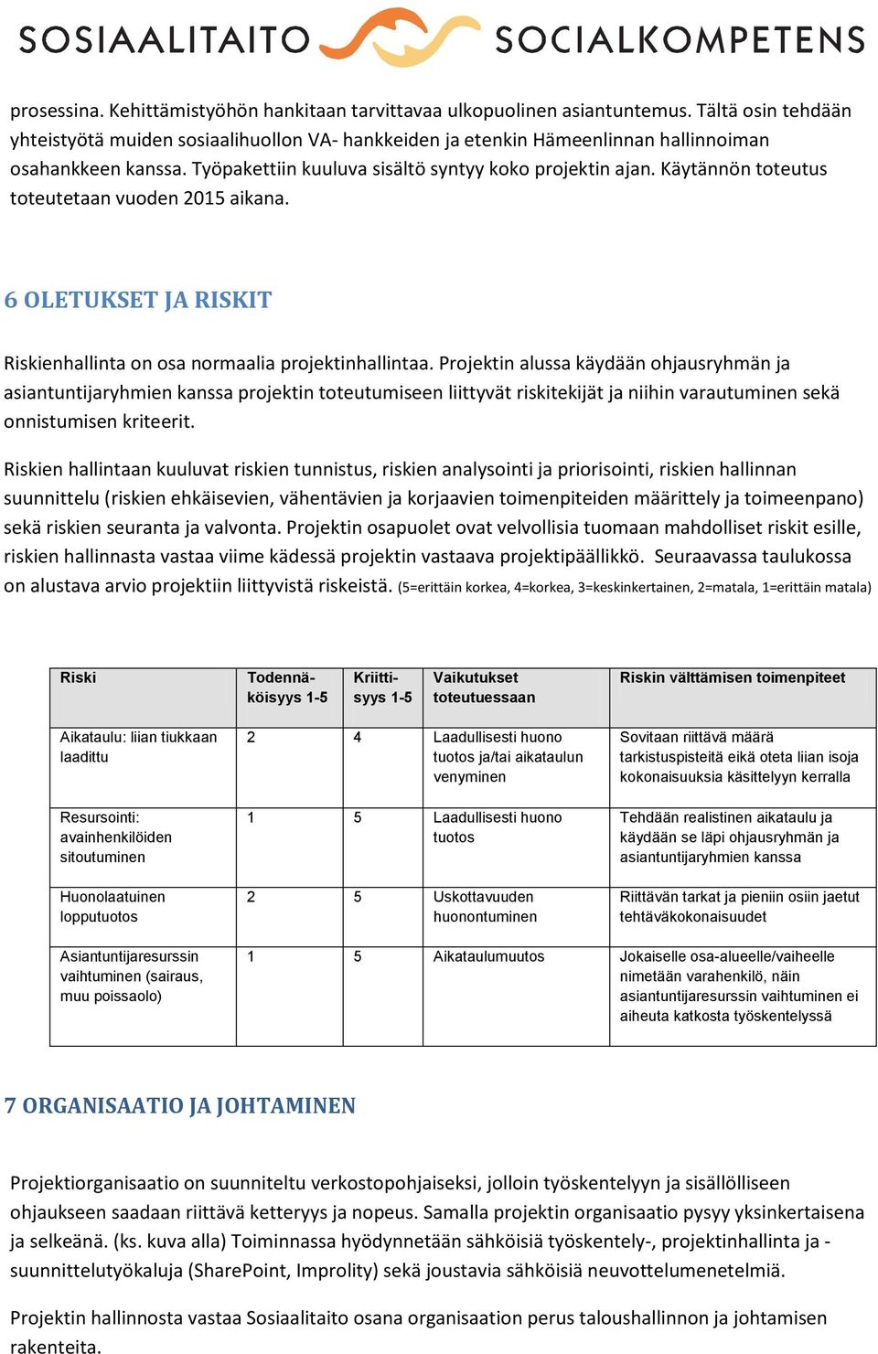 Projektin luss käydään ohjusryhmän j sintuntijryhmien knss projektin toteutumiseen liittyvät riskitekijät j niihin vrutuminen sekä onnistumisen kriteerit.