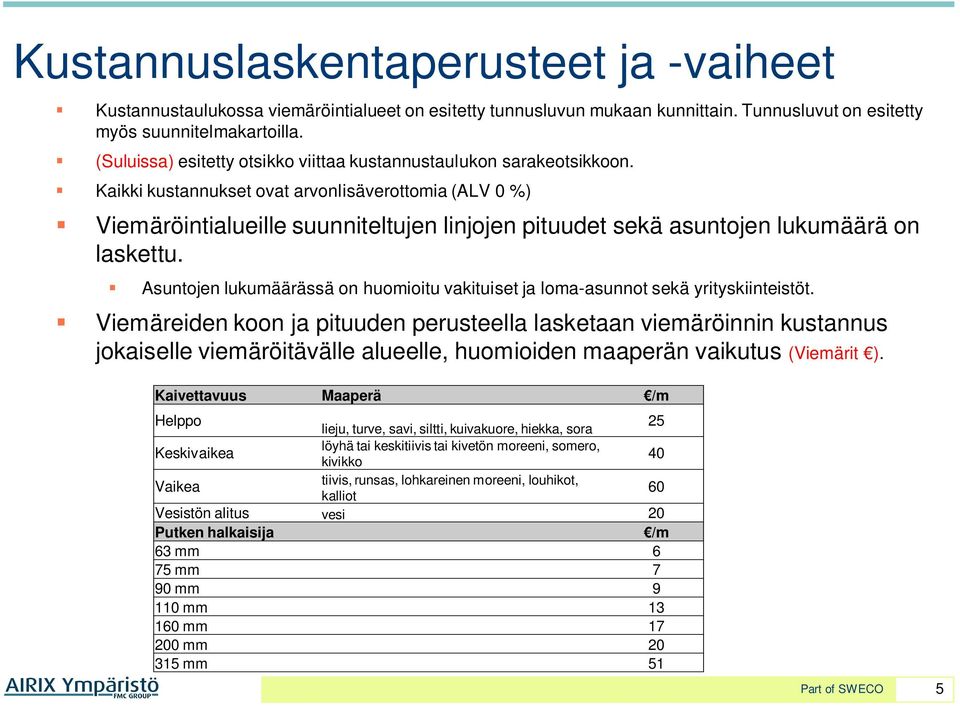 Kaikki kustannukset ovat arvonlisäverottomia (ALV 0 %) Viemäröintialueille suunniteltujen linjojen pituudet sekä asuntojen lukumäärä on laskettu.
