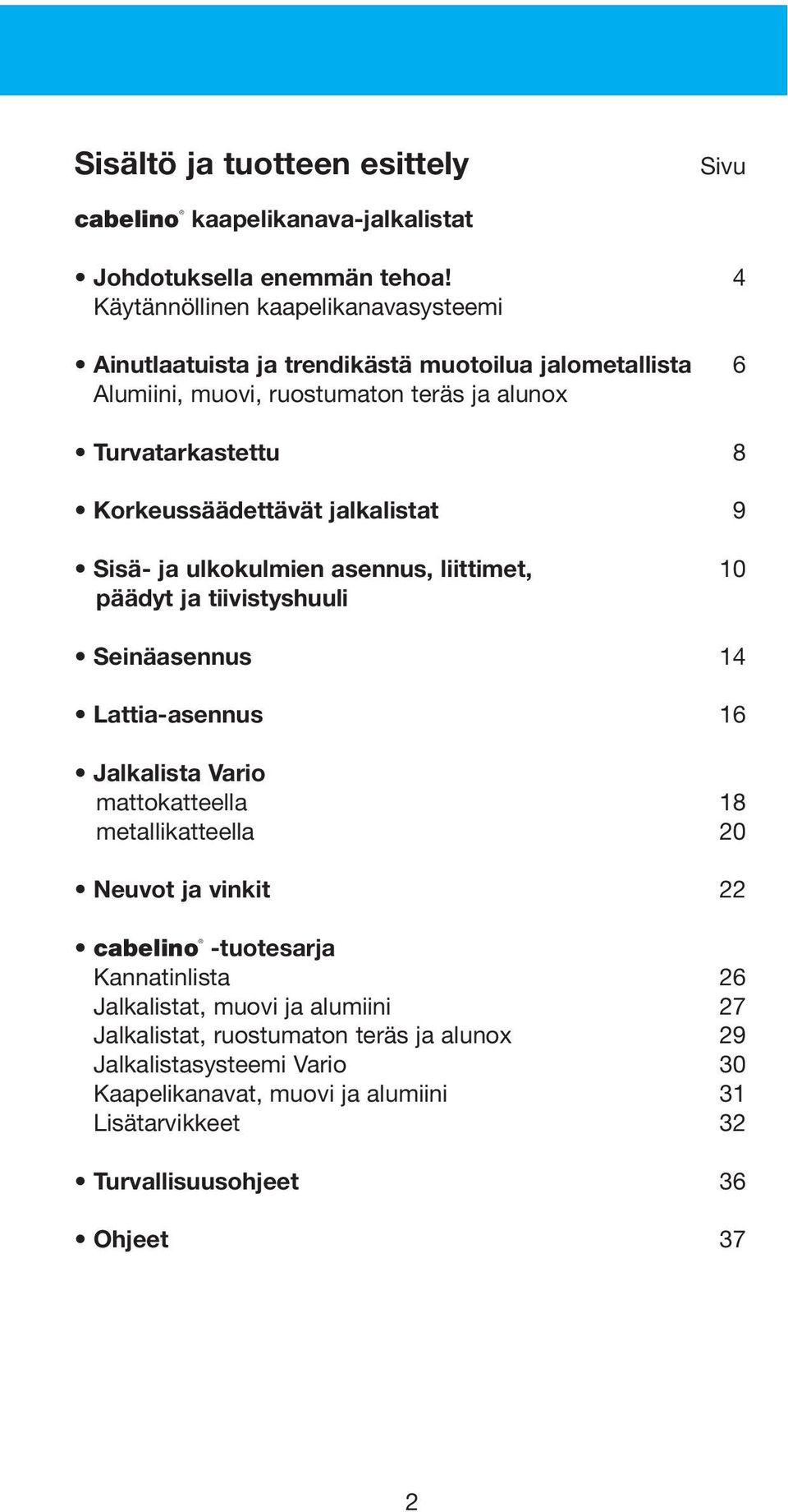 Korkeussäädettävät jalkalistat 9 Sisä- ja ulkokulmien asennus, liittimet, 10 päädyt ja tiivistyshuuli Seinäasennus 14 Lattia-asennus 16 Jalkalista Vario mattokatteella 18