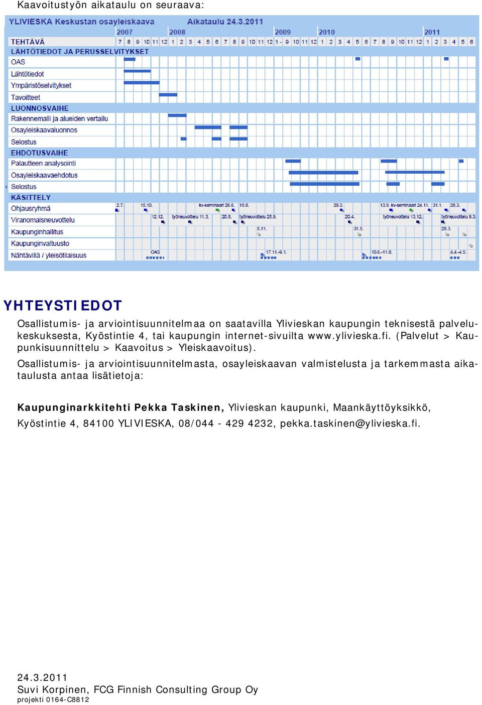 Osallistumis- ja arviointisuunnitelmasta, osayleiskaavan valmistelusta ja tarkemmasta aikataulusta antaa lisätietoja: Kaupunginarkkitehti Pekka Taskinen,