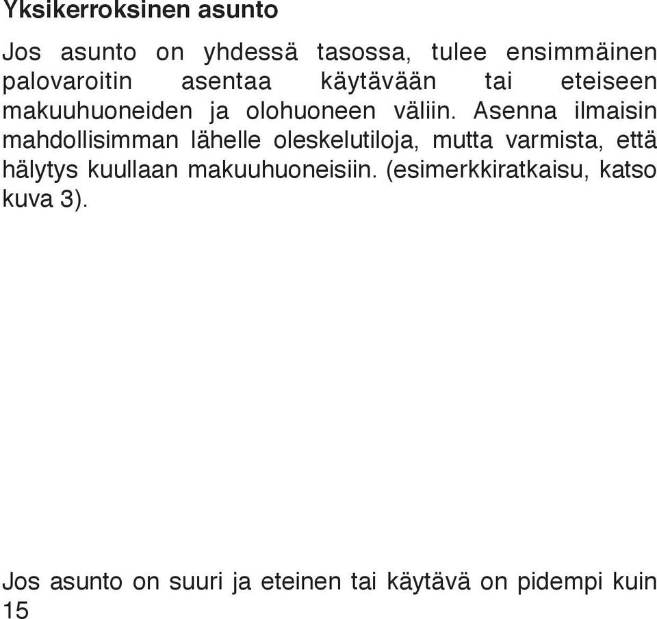 Makuuhuone Keittiö Kuva 3 Makuuhuone Makuuhuone Ruokasali Jos asunto on suuri ja eteinen tai käytävä on pidempi kuin 15 m, yksi palovaroitin ei tarjoa riittävää suojaa.