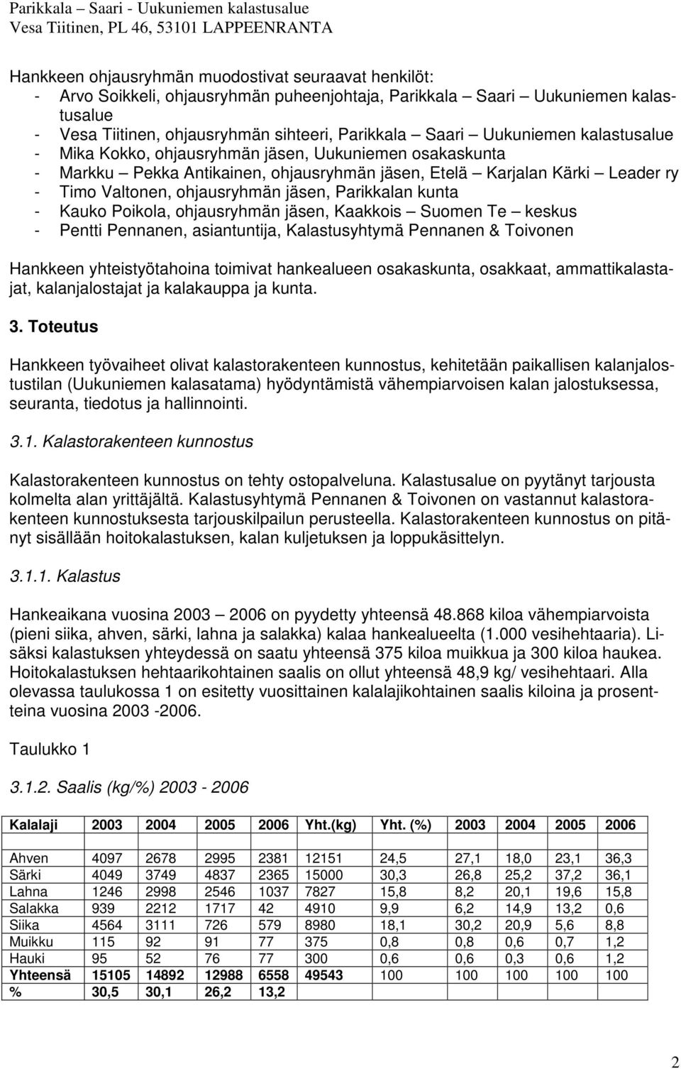 Parikkalan kunta - Kauko Poikola, ohjausryhmän jäsen, Kaakkois Suomen Te keskus - Pentti Pennanen, asiantuntija, Kalastusyhtymä Pennanen & Toivonen Hankkeen yhteistyötahoina toimivat hankealueen