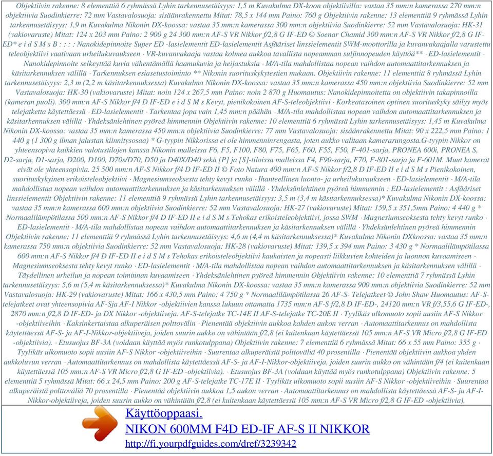 objektiivia Suodinkierre: 52 mm Vastavalosuoja: HK-31 (vakiovaruste) Mitat: 124 x 203 mm Paino: 2 900 g 24 300 mm:n AF-S VR Nikkor f/2,8 G IF-ED Soenar Chamid 300 mm:n AF-S VR Nikkor f/2,8 G IF- ED*
