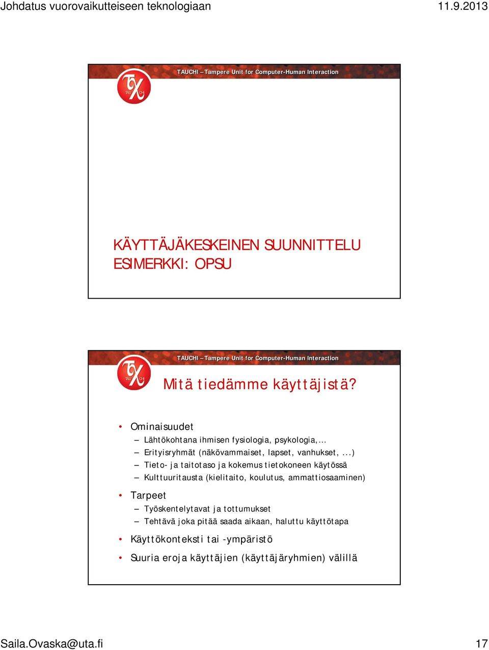 ..) Tieto- ja taitotaso ja kokemus tietokoneen käytössä Kulttuuritausta (kielitaito, koulutus, ammattiosaaminen) Tarpeet