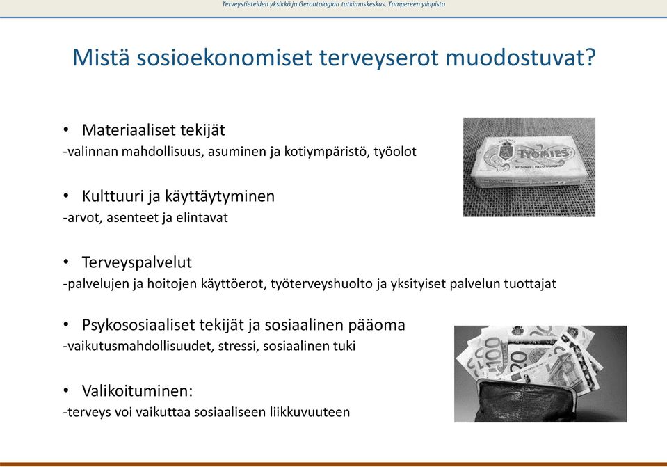 -arvot, asenteet ja elintavat Terveyspalvelut -palvelujen ja hoitojen käyttöerot, työterveyshuolto ja yksityiset