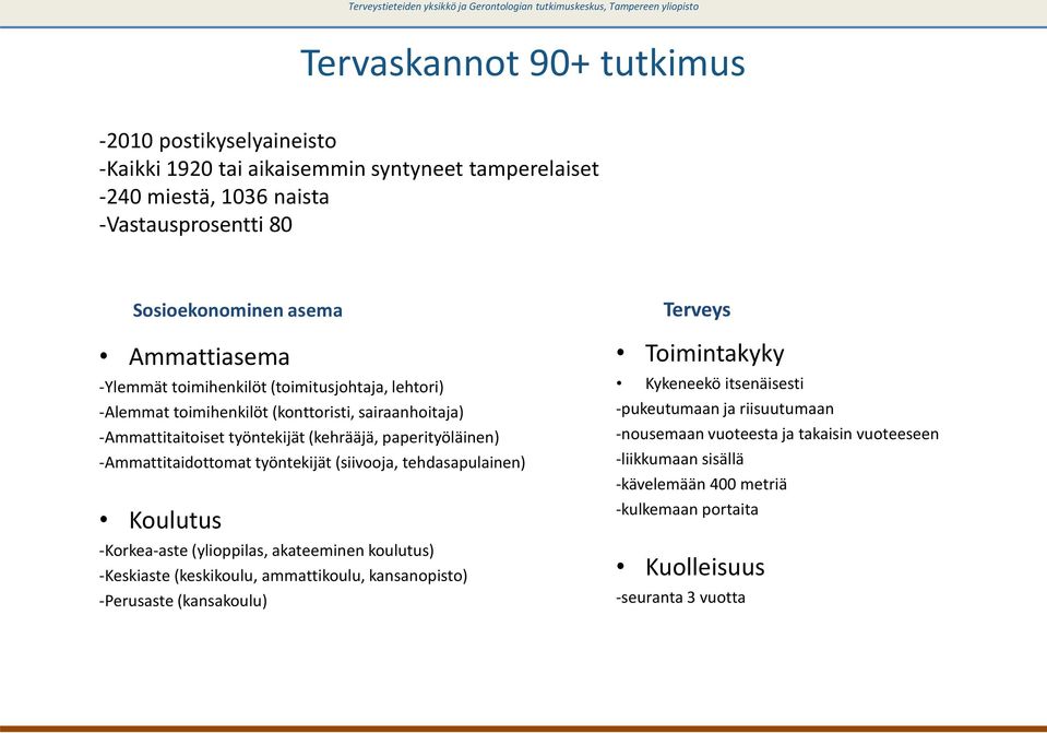 (siivooja, tehdasapulainen) Koulutus -Korkea-aste (ylioppilas, akateeminen koulutus) -Keskiaste (keskikoulu, ammattikoulu, kansanopisto) -Perusaste (kansakoulu) Terveys Toimintakyky