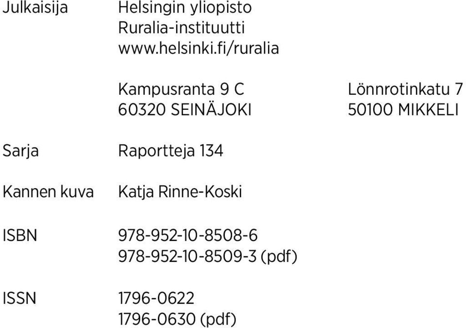 60320 SEINÄJOKI 50100 MIKKELI Kannen kuva Katja Rinne-Koski ISBN