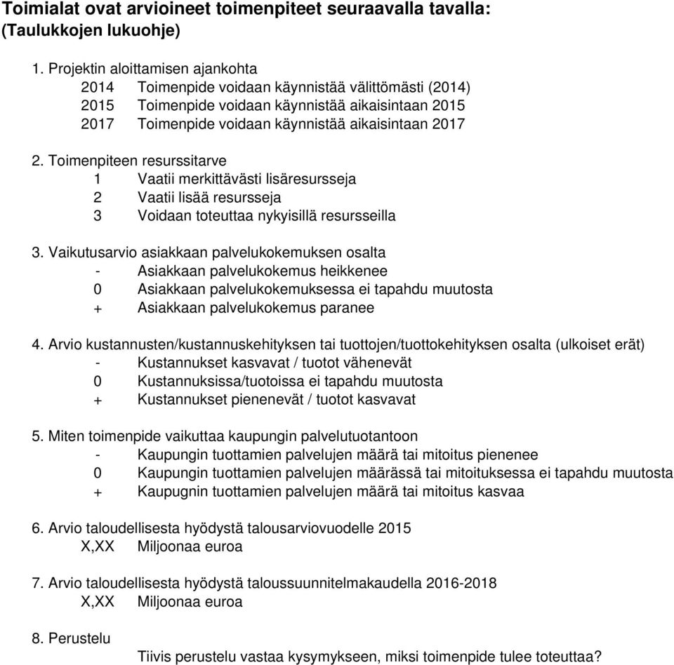 Toimenpiteen resurssitarve 1 Vaatii merkittävästi lisäresursseja 2 Vaatii lisää resursseja 3 Voidaan toteuttaa nykyisillä resursseilla 3.