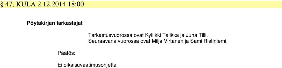 Tarkastusvuorossa ovat Kyllikki Talikka ja Juha