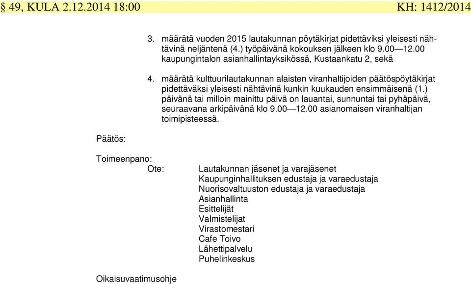 määrätä kulttuurilautakunnan alaisten viranhaltijoiden päätöspöytäkirjat pidettäväksi yleisesti nähtävinä kunkin kuukauden ensimmäisenä (1.