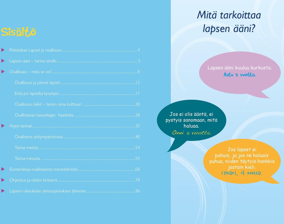 ..35 Osallisena arkiympäristössä...40 Tarina meistä...54 Tarina minusta...59 u Esimerkkejä osallistavista menetelmistä...68 u Ohjeistus ja niiden kriteerit.