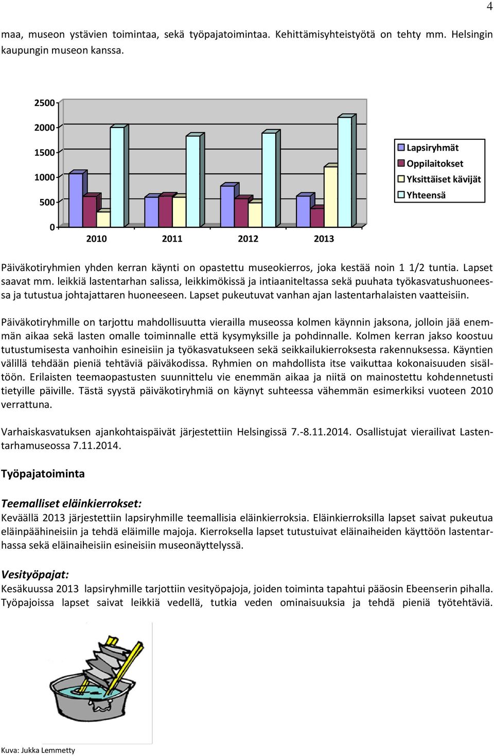 Lapset saavat mm. leikkiä lastentarhan salissa, leikkimökissä ja intiaaniteltassa sekä puuhata työkasvatushuoneessa ja tutustua johtajattaren huoneeseen.