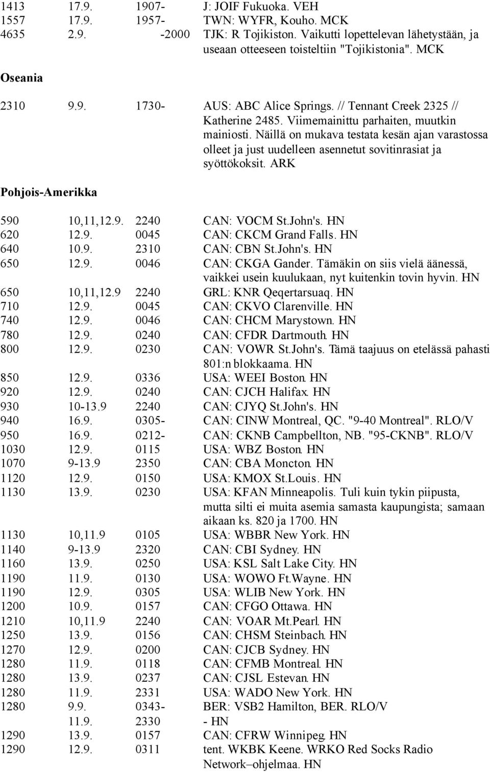 Näillä on mukava testata kesän ajan varastossa olleet ja just uudelleen asennetut sovitinrasiat ja syöttökoksit. ARK Pohjois-Amerikka 590 10,11,12.9. 2240 CAN: VOCM St.John's. HN 620 12.9. 0045 CAN: CKCM Grand Falls.