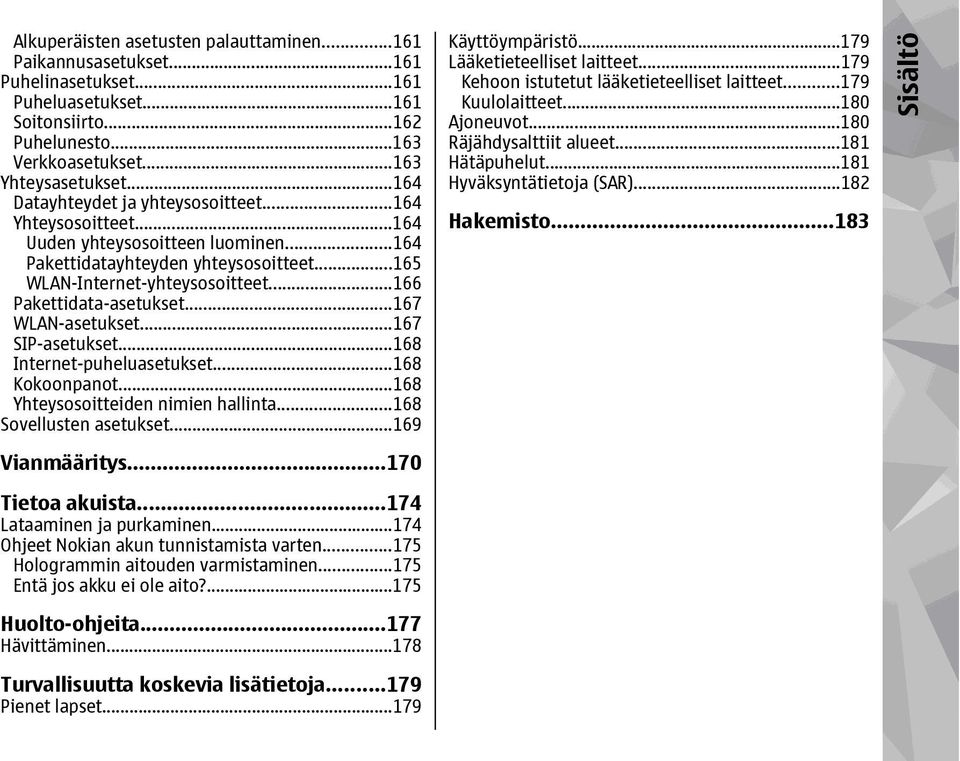 ..166 Pakettidata-asetukset...167 WLAN-asetukset...167 SIP-asetukset...168 Internet-puheluasetukset...168 Kokoonpanot...168 Yhteysosoitteiden nimien hallinta...168 Sovellusten asetukset.