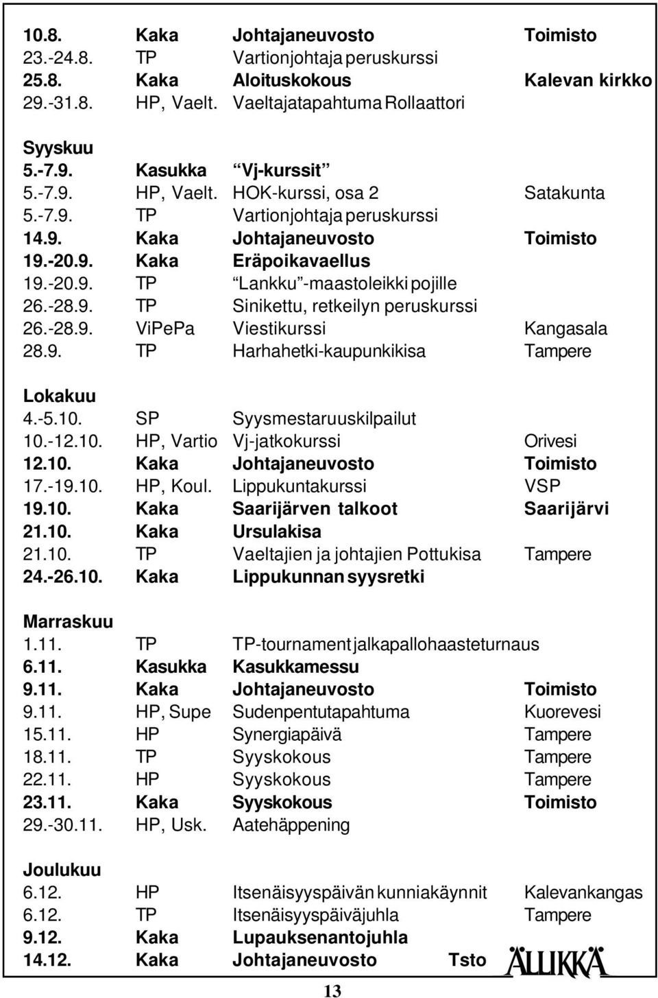 ViPePa Vj-kurssit HOK-kurssi, osa 2 Vartionjohtaja peruskurssi Johtajaneuvosto Eräpoikavaellus Lankku -maastoleikki pojille Sinikettu, retkeilyn peruskurssi Viestikurssi Harhahetki-kaupunkikisa
