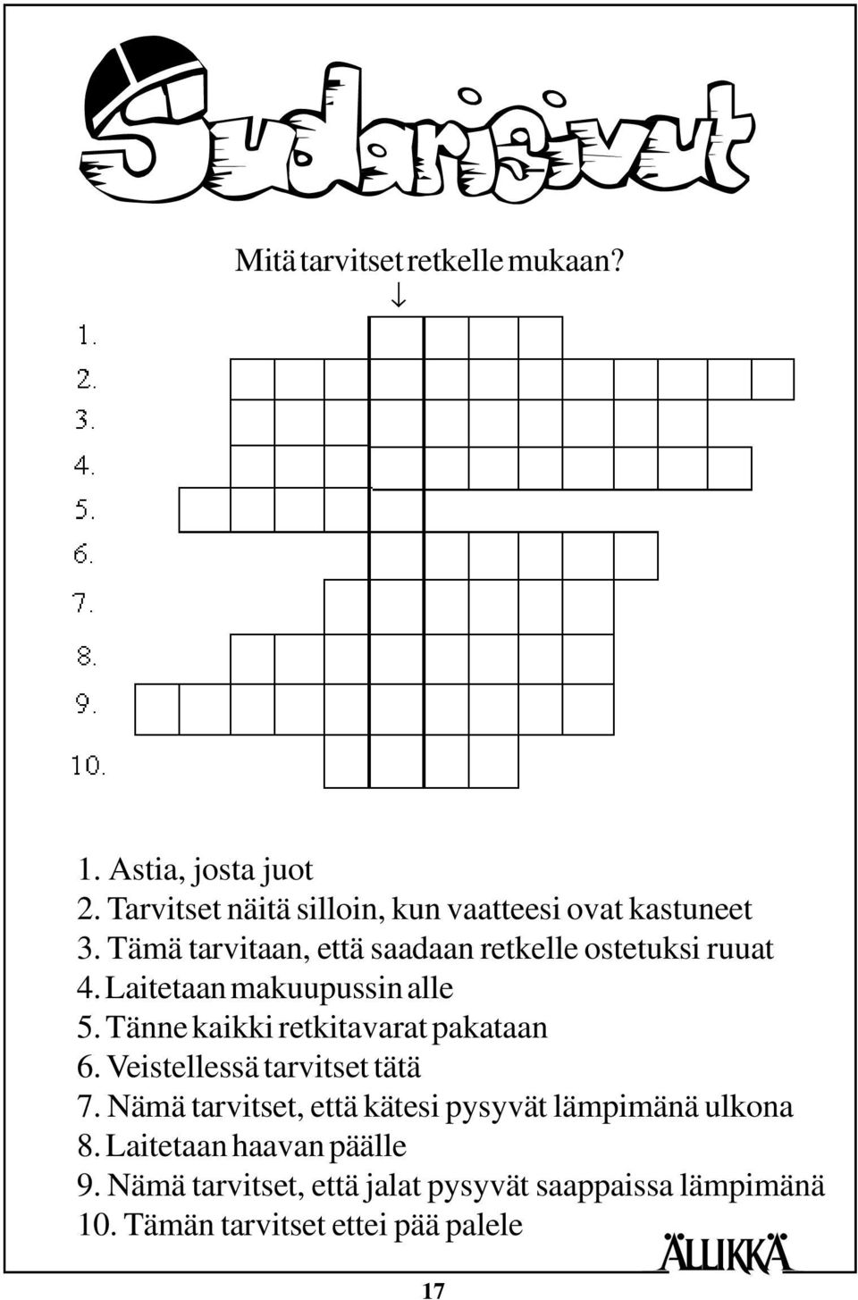 Tänne kaikki retkitavarat pakataan 6. Veistellessä tarvitset tätä 7.