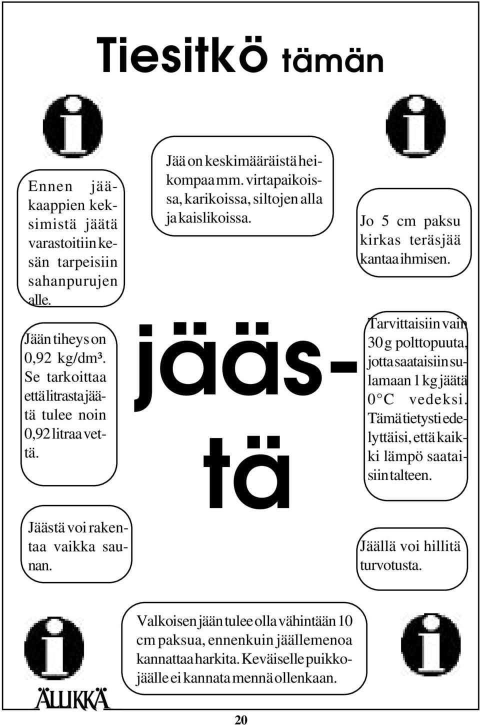 Jäästä voi rakentaa vaikka saunan. jäästä Jo 5 cm paksu kirkas teräsjää kantaa ihmisen. Tarvittaisiin vain 30 g polttopuuta, jotta saataisiin sulamaan 1 kg jäätä 0 C vedeksi.